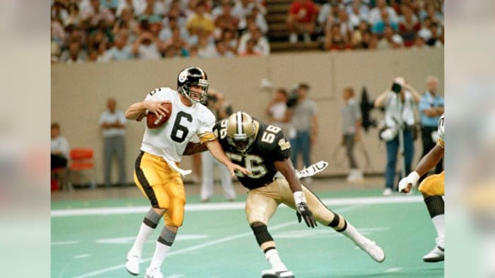 New Orleans Saints LB Pat Swilling pressures Steelers QB Bubby Brister in a 1990 game. Credit: neworleanssaints.com